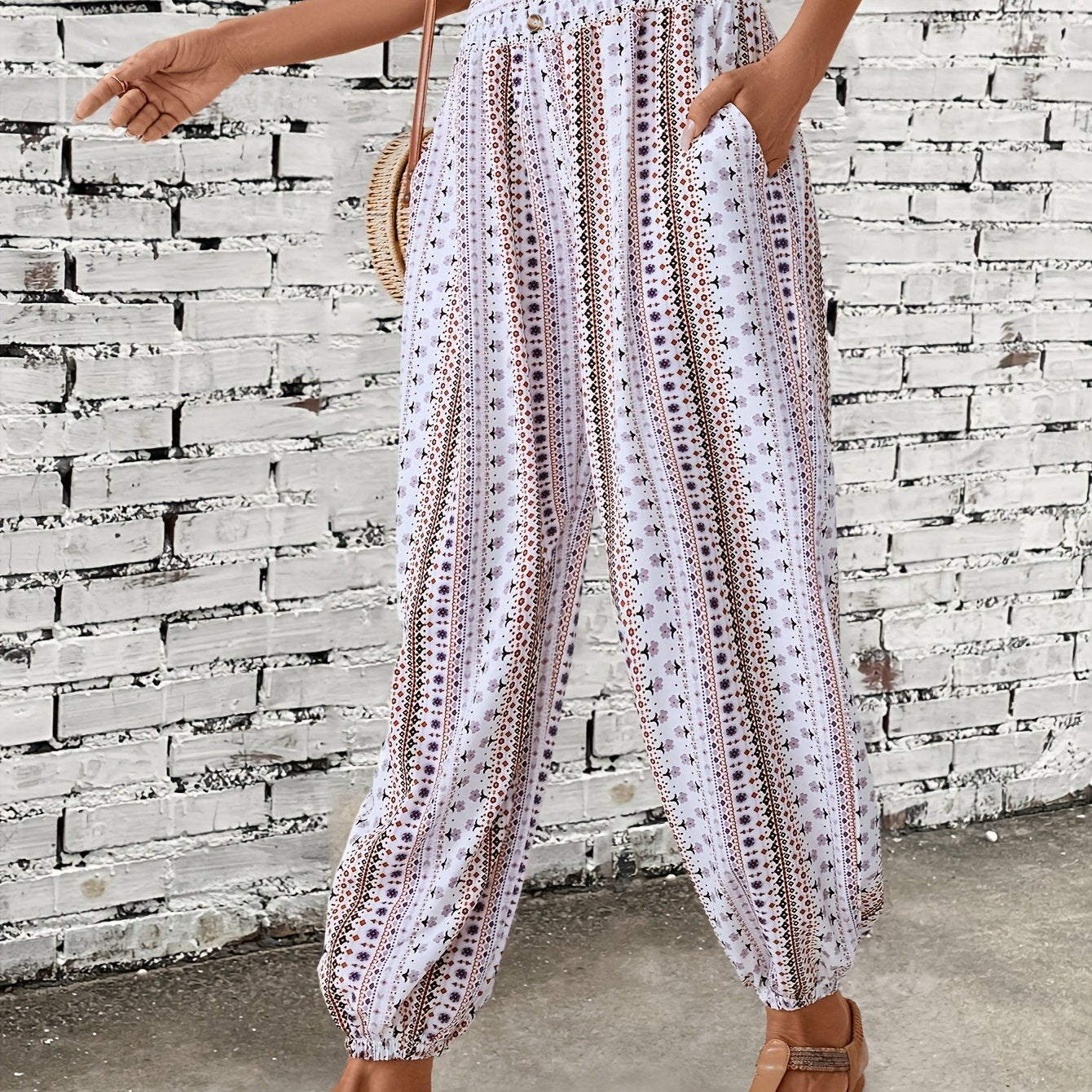 Ethnic Graphic Print Pants, Boho Shirred Waist Long Length Pants, Women's Clothing