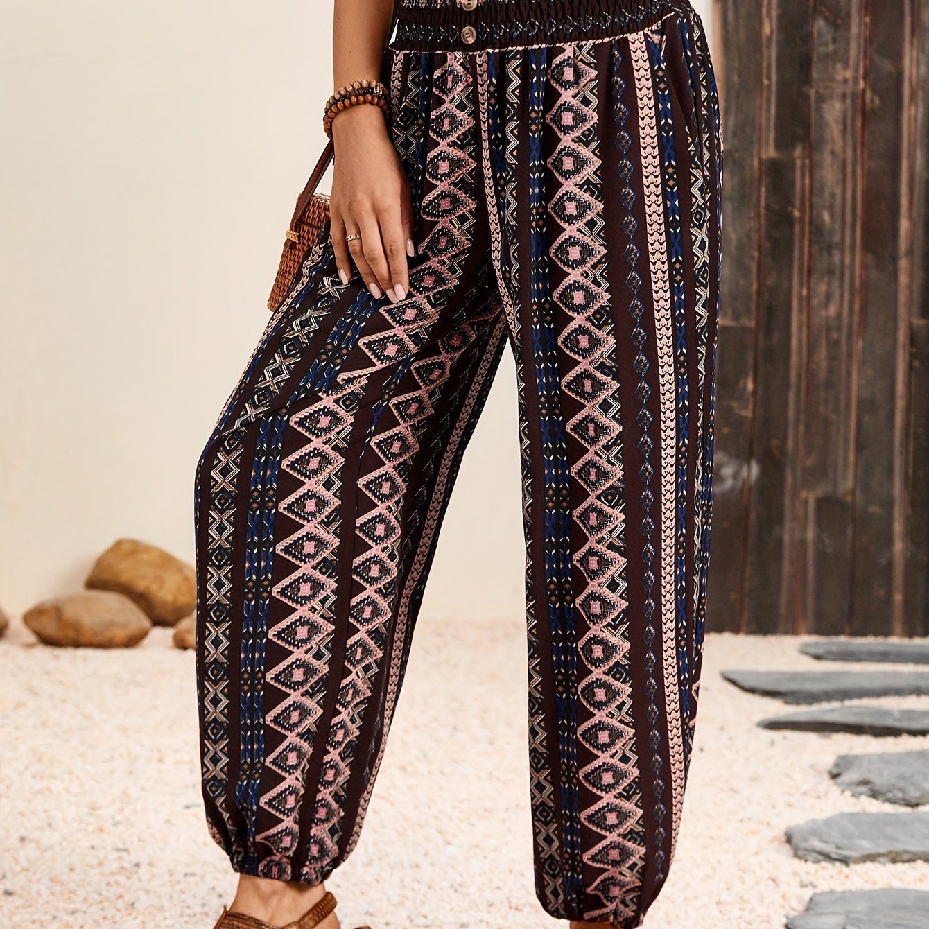 Ethnic Graphic Print Pants, Boho Shirred Waist Long Length Pants, Women's Clothing