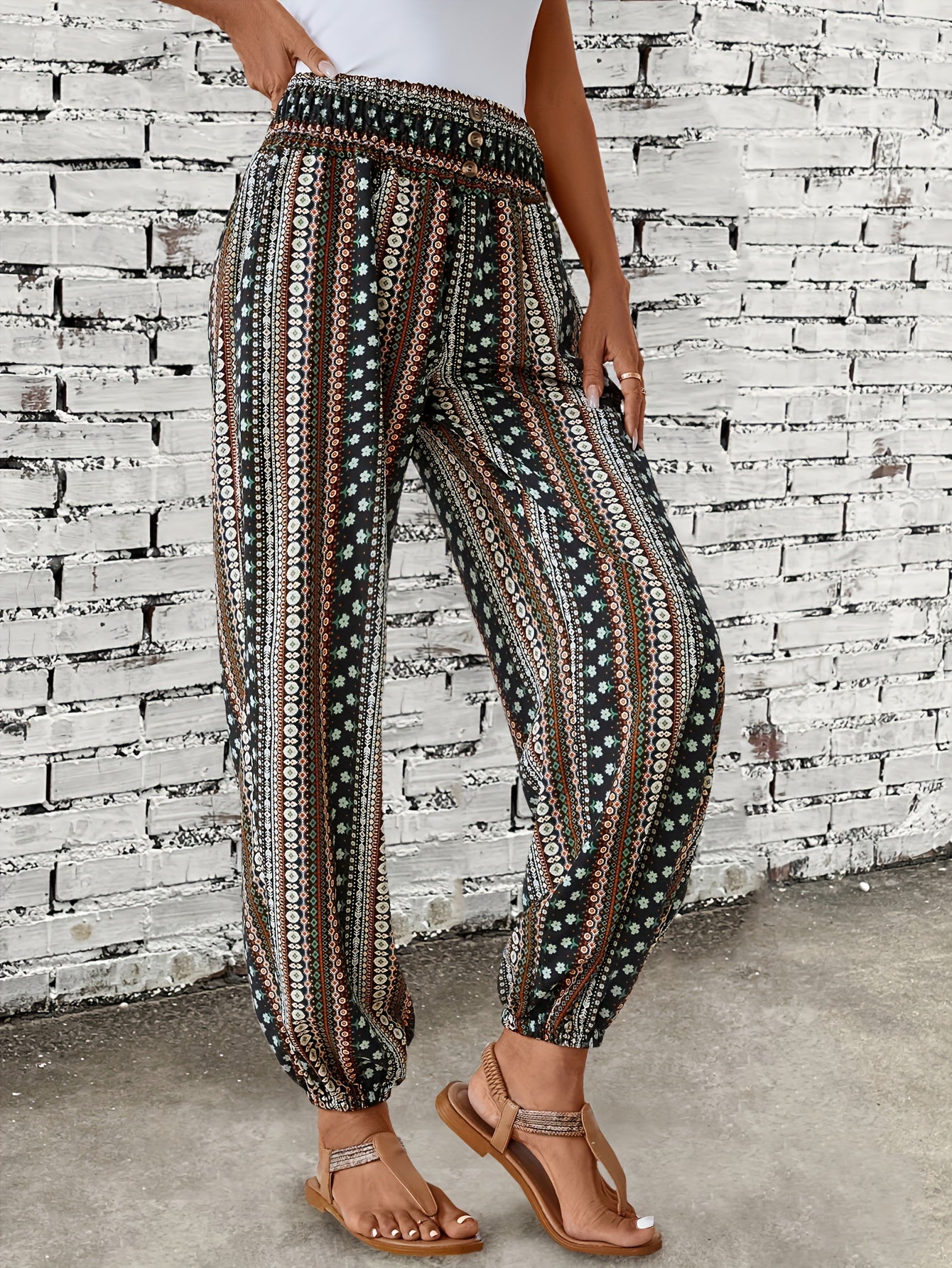 Ethnic Graphic Print Pants, Boho Shirred Waist Long Length Pants, Women's Clothing