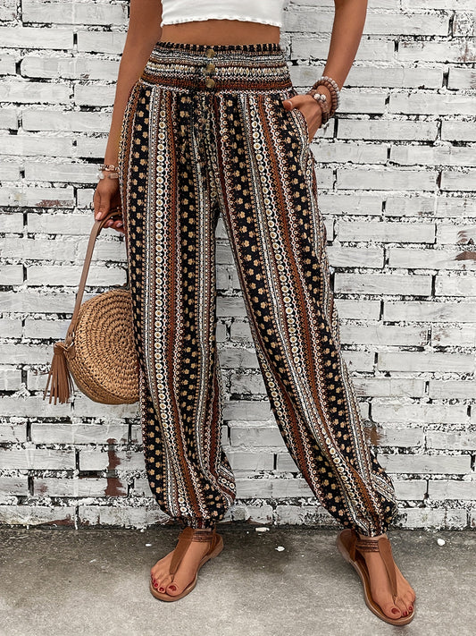 Ethnic Graphic Print Pants, Boho Shirred Waist Long Length Pants, Women's Clothing