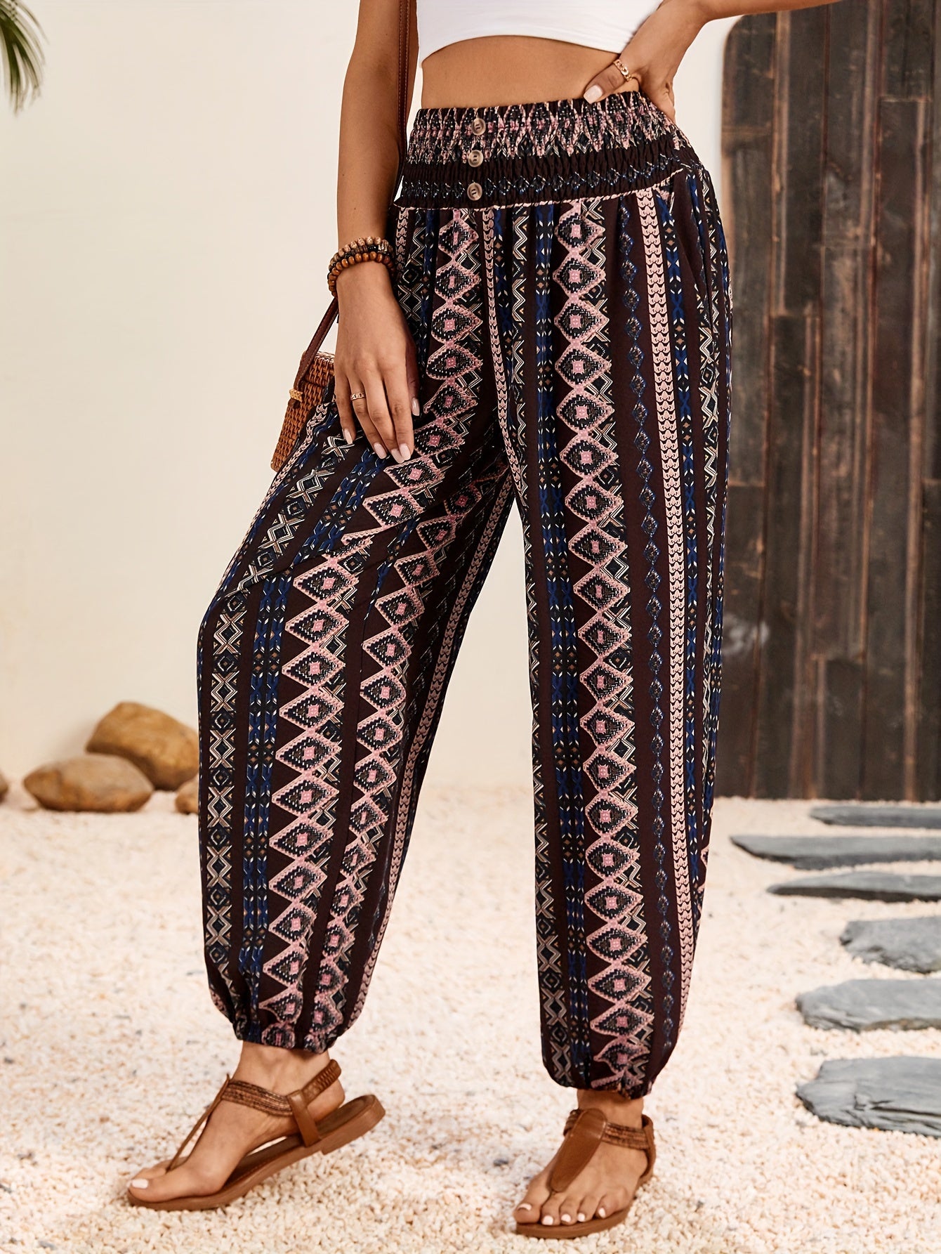 Ethnic Graphic Print Pants, Boho Shirred Waist Long Length Pants, Women's Clothing