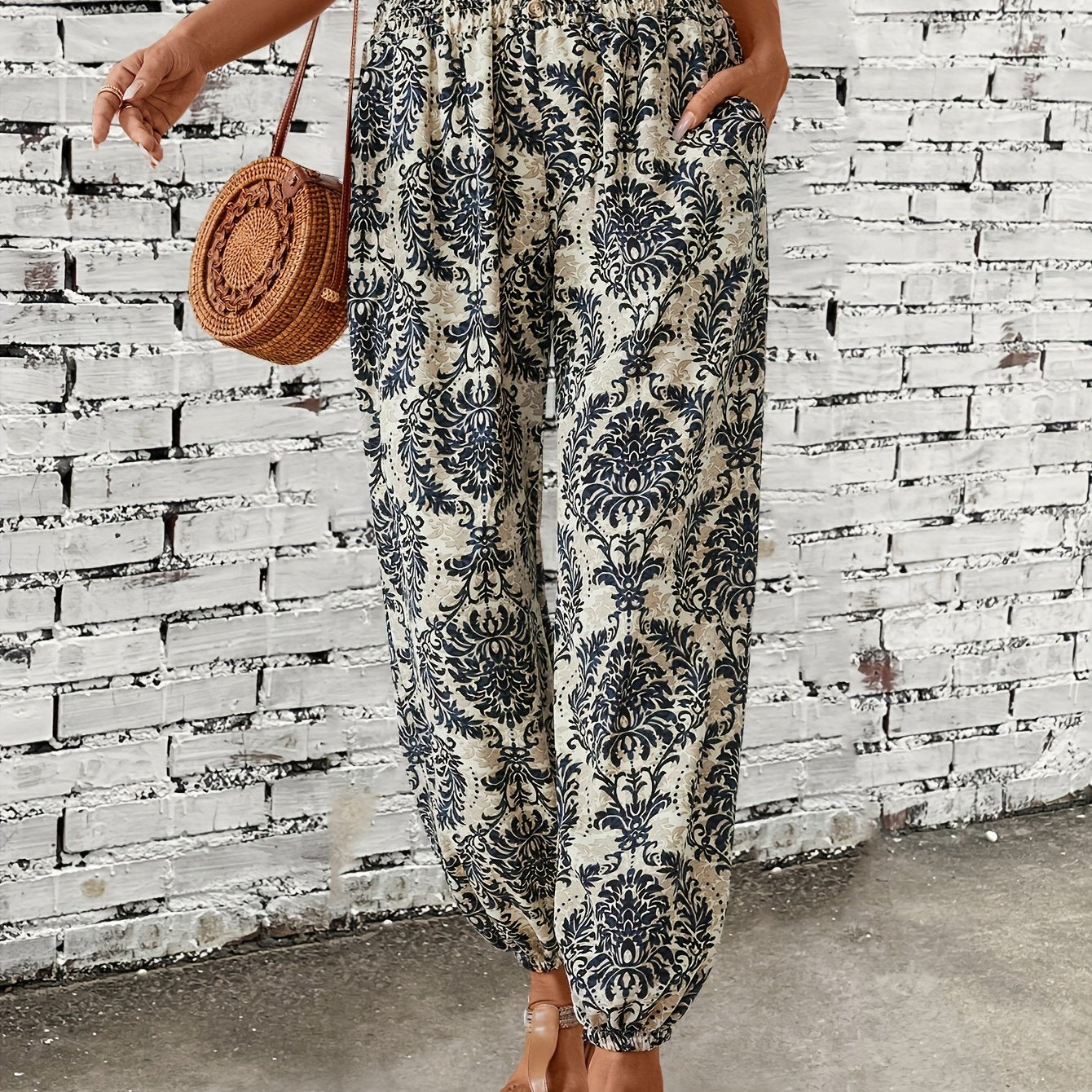 Ethnic Graphic Print Pants, Boho Shirred Waist Long Length Pants, Women's Clothing