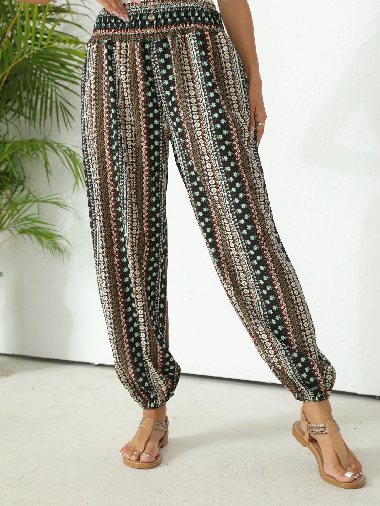 Ethnic Graphic Print Pants, Boho Shirred Waist Long Length Pants, Women's Clothing