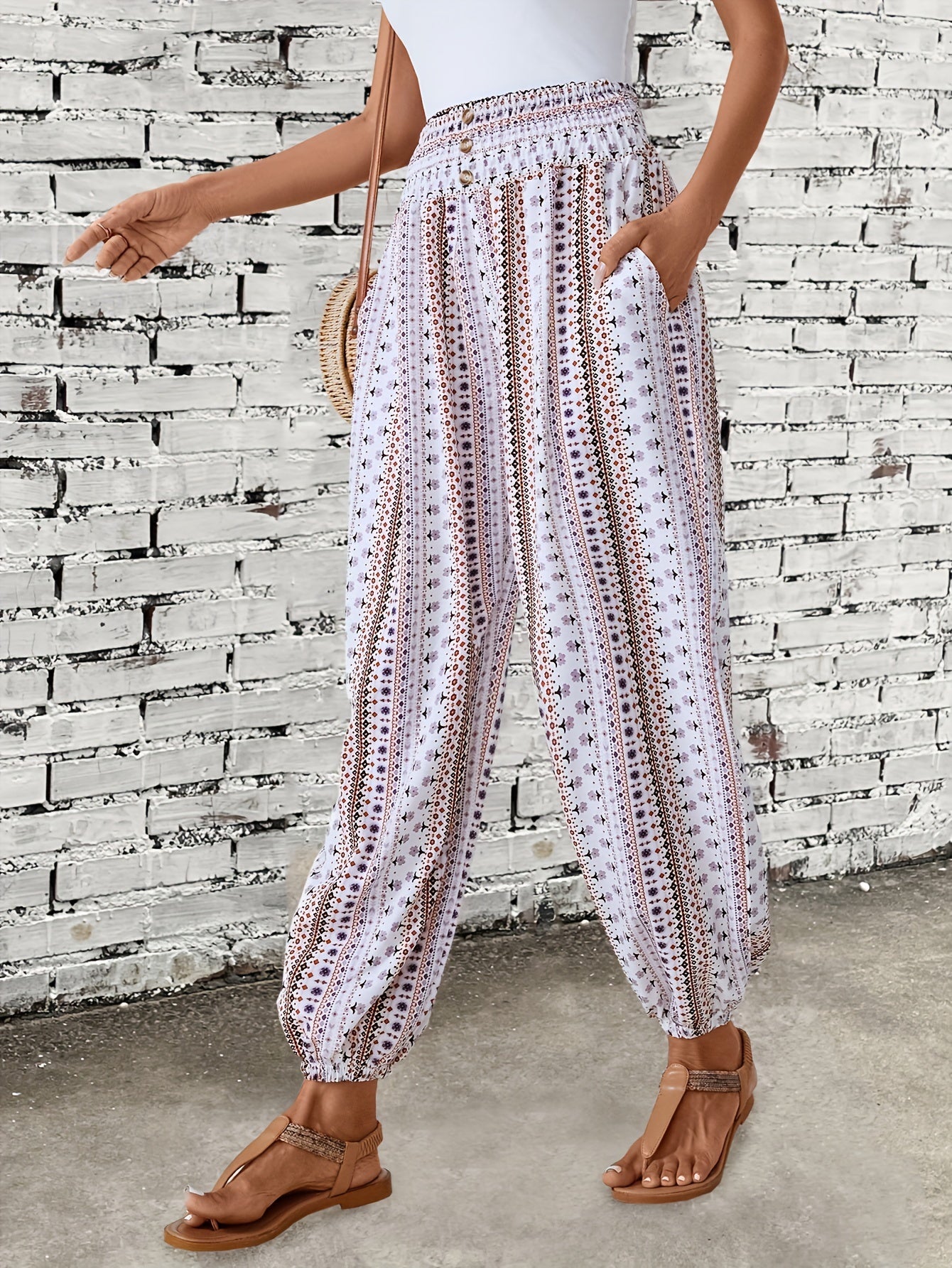 Ethnic Graphic Print Pants, Boho Shirred Waist Long Length Pants, Women's Clothing