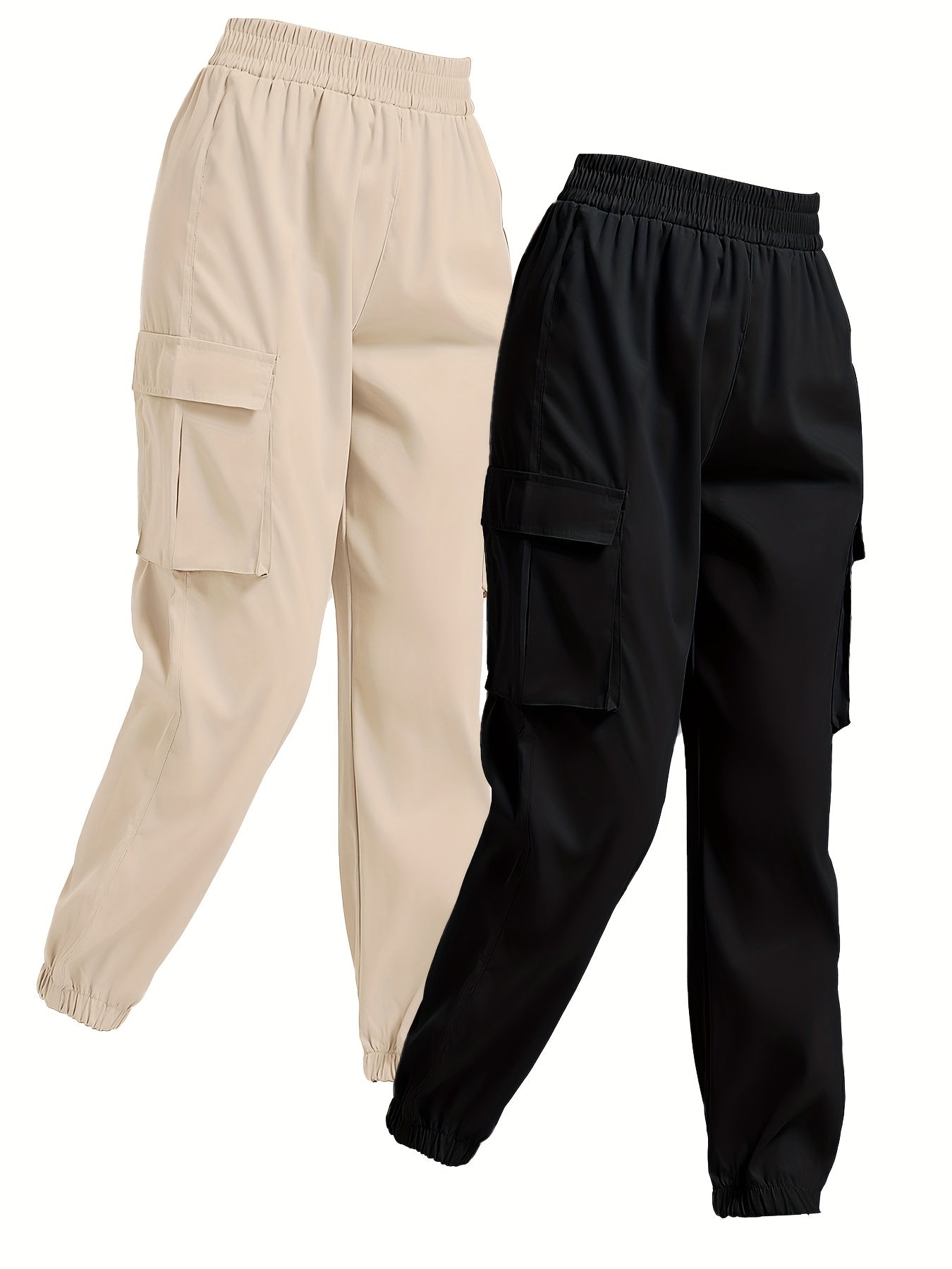 Solid Jogger Cargo Pants 2 Pack, Casual Flap Pocket Elastic Waist Pants, Women's Clothing