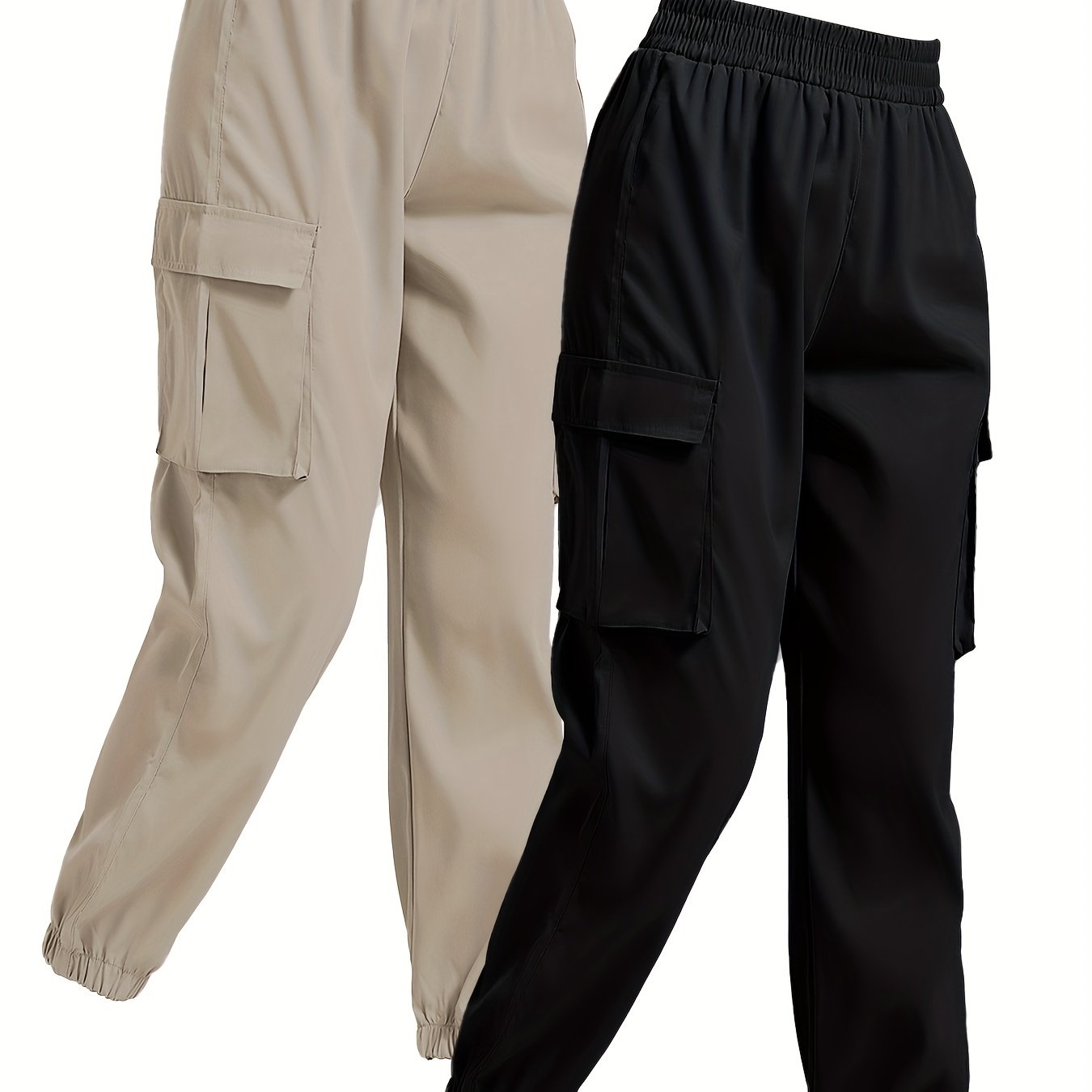 Solid Jogger Cargo Pants 2 Pack, Casual Flap Pocket Elastic Waist Pants, Women's Clothing