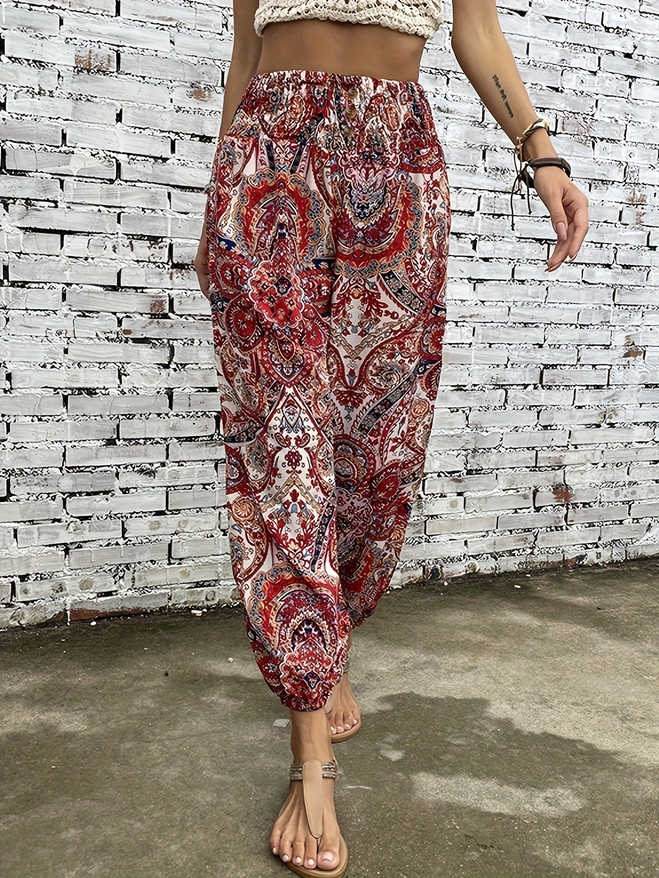 Ethnic Graphic Print Pants, Boho Shirred Waist Long Length Pants, Women's Clothing