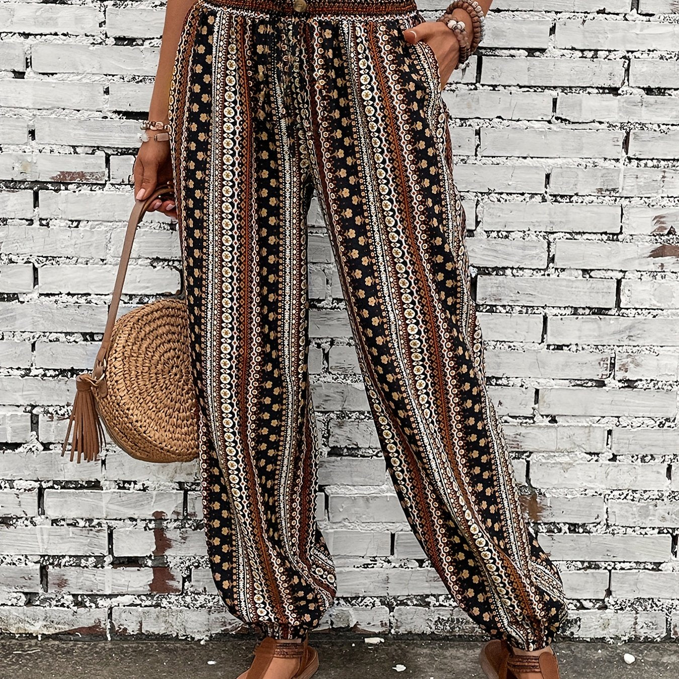 Ethnic Graphic Print Pants, Boho Shirred Waist Long Length Pants, Women's Clothing