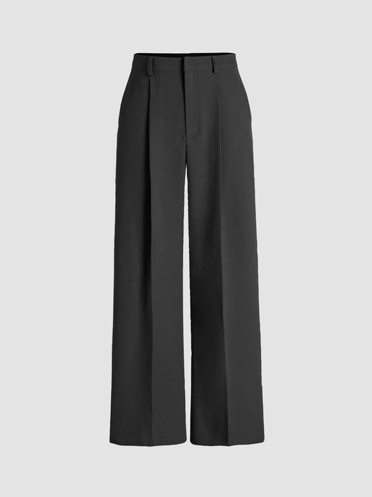 Solid Pleated Straight Leg Pants, Elegant Slant Pocket Draped Suit Pants, Women's Clothing